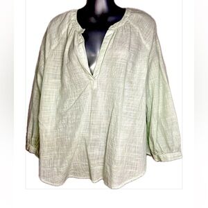 LOFT Green 3/4 Sleeve Relaxed Blouse with Mandarin Collar 100% Cotton
